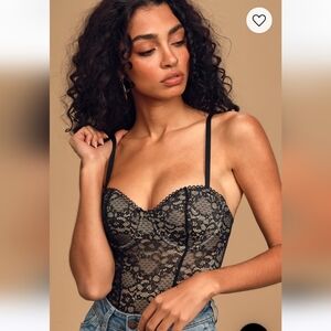NWT Lulus Spice it Up Black Nude Lace Bustier Body Suit, Size XL